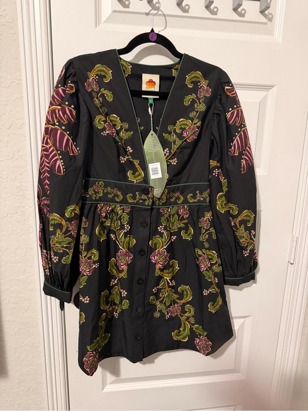 FARM Rio Ravenala Black V Neckline Puffed Sleeve Mini Dress - Picture 4 of 6